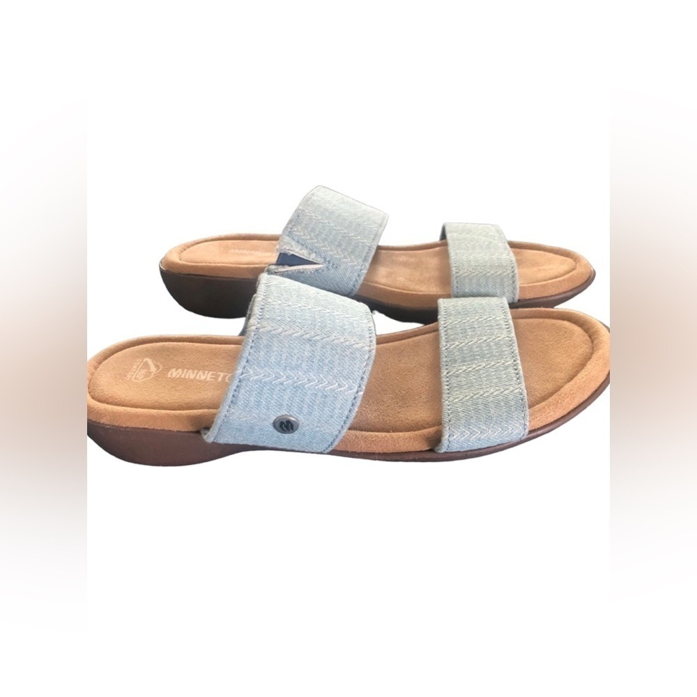 Minnetonka Sabina Slip On Wedge  Slide Sandals Shoes 8M Lt Blue Fabric Upper New